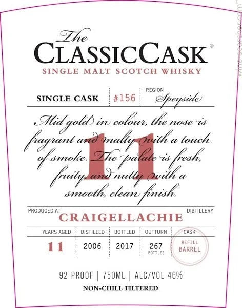 Craigellachie Classic Cask 11 yr  (dist. 2006) Whiskey 750ml