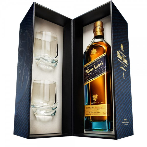 Johnnie Walker Blue Label w/2 Crystal Glasses Whiskey 750ml