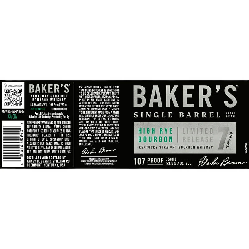 Baker's Single Barrel 7 yr High Rye  "Limited Release" Bourbon Whiskey 750ml