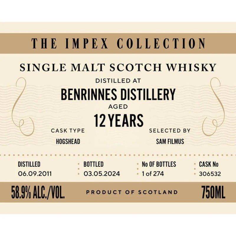 The ImpEx Collection Benrinnes Distillery 12 yr Single Malt Whiskey 750ml