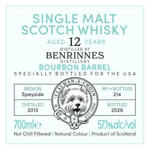 Murray McDavid BNRINNES 12 yr Bourbon Barrel Single Malt Whiskey 700ml