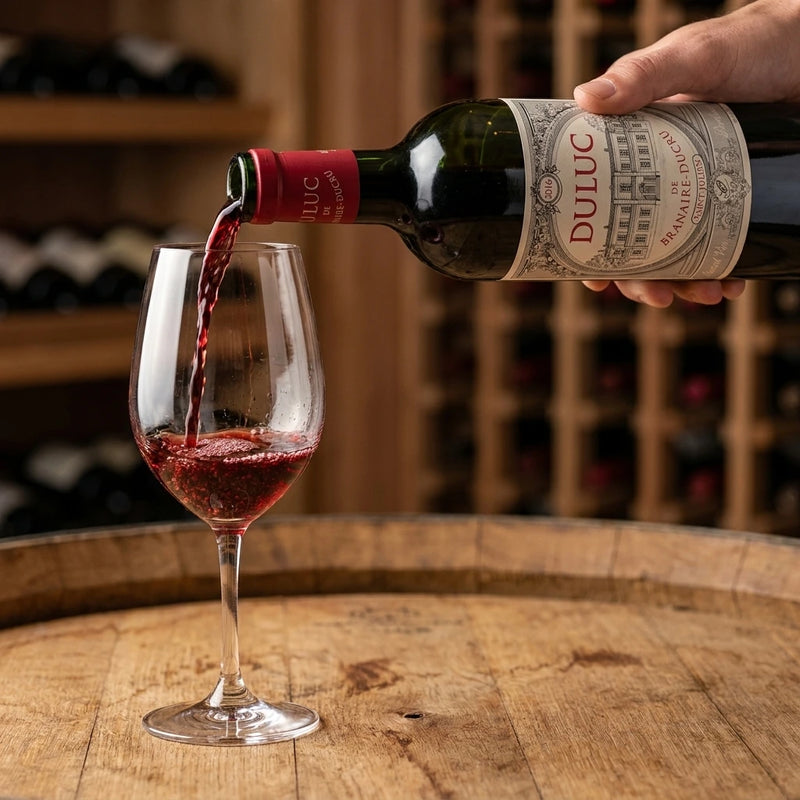 2016 Chateau Duluc de Branaire - St. Julien (750ml) | Create an ultra-photorealistic commercial photograph capturing the uploaded 2016 Chateau Duluc de Branaire - St.