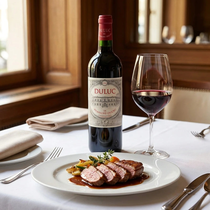 2016 Chateau Duluc de Branaire - St. Julien (750ml) | Create an ultra-photorealistic commercial photograph featuring the uploaded 2016 Chateau Duluc de Branaire - St.