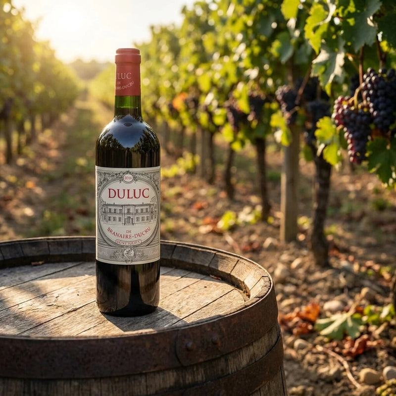 2016 Chateau Duluc de Branaire - St. Julien (750ml) | Create an ultra-photorealistic image featuring the uploaded 2016 Chateau Duluc de Branaire - St.