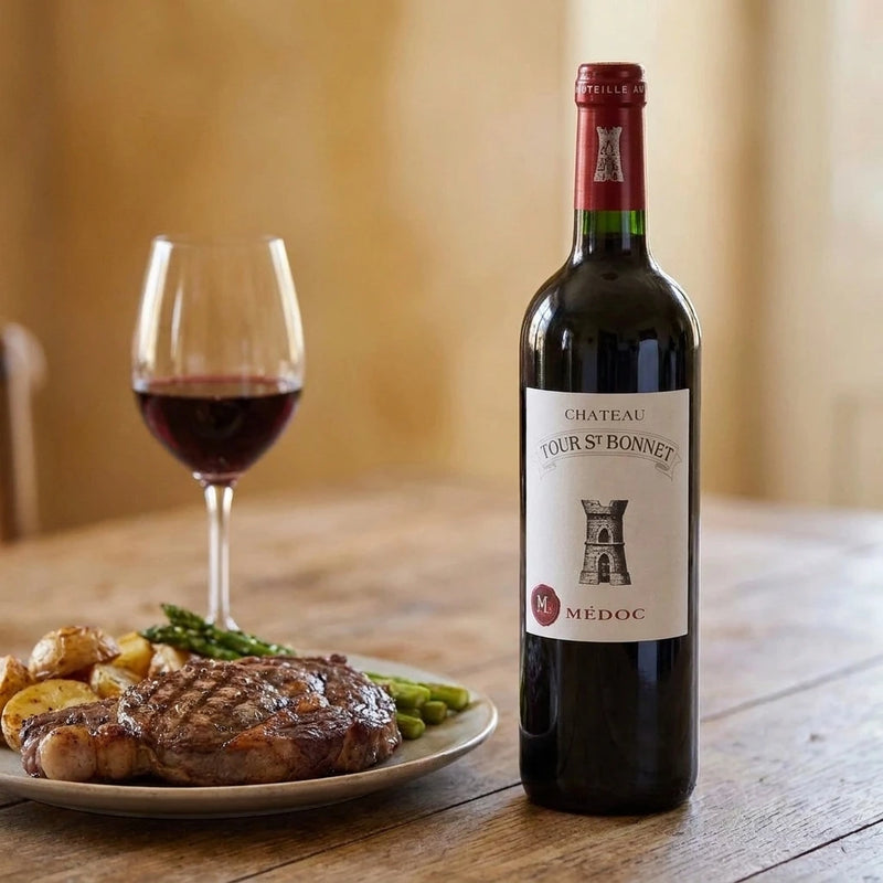 2016 Chateau Tour St. Bonnet - Medoc (750ml) | This wine served with a steak dinner. make the bottle look more photorealistic against the background.
