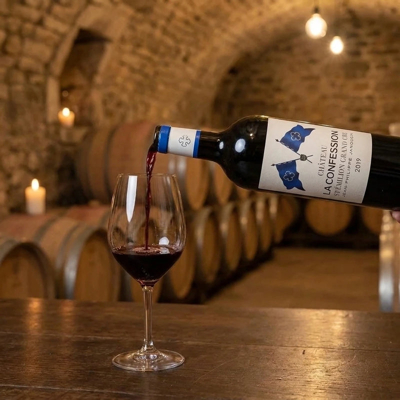 2019 Chateau La Confession - St. Emilion (750ml) | This wine pouring into a glass. remove the food and change the background to a different setting.