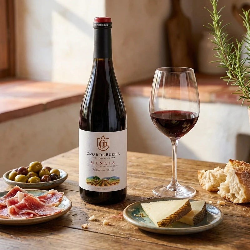 2022 Casar de Burbia - Mencia (750ml) | Create an ultra-photorealistic commercial photograph featuring the uploaded 2022 Casar de Burbia - Mencia (750ml) in the provided image, served alongside an aut