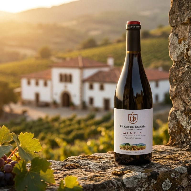 2022 Casar de Burbia - Mencia (750ml) | Create an ultra-photorealistic commercial photograph featuring the uploaded 2022 Casar de Burbia - Mencia (750ml) as the unmistakable hero subject.