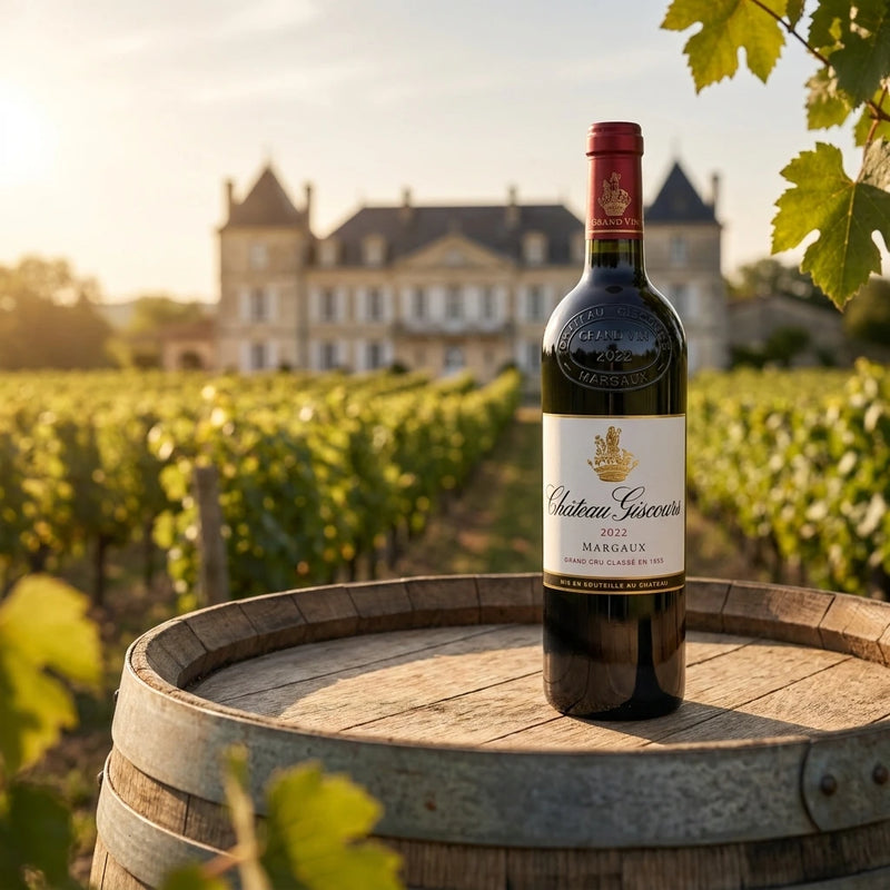 2022 Chateau Giscours - Margaux (750ml) | Create an ultra-photorealistic commercial photograph featuring the uploaded 2022 Chateau Giscours - Margaux (750ml) in the provided image as the sole product an