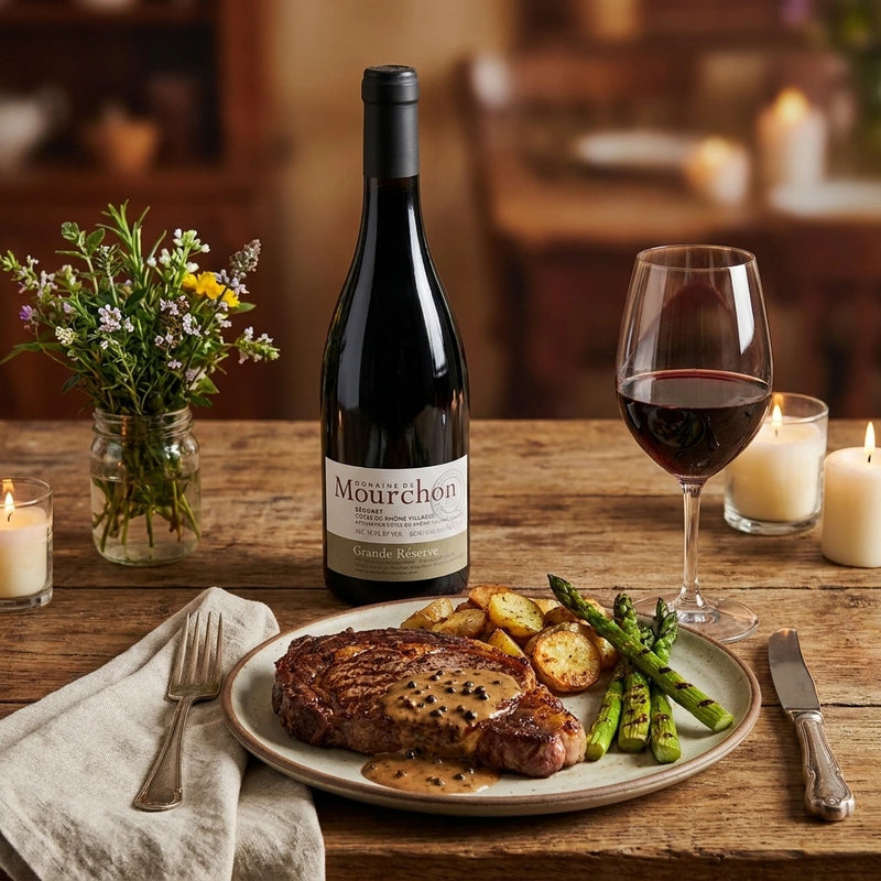 2022 Domaine de Mourchon - Cotes du Rhone Seguret Grande Reserve (750ml) | This bottle of red wine paired with a steak dinner and a beautiful but simple table setting.