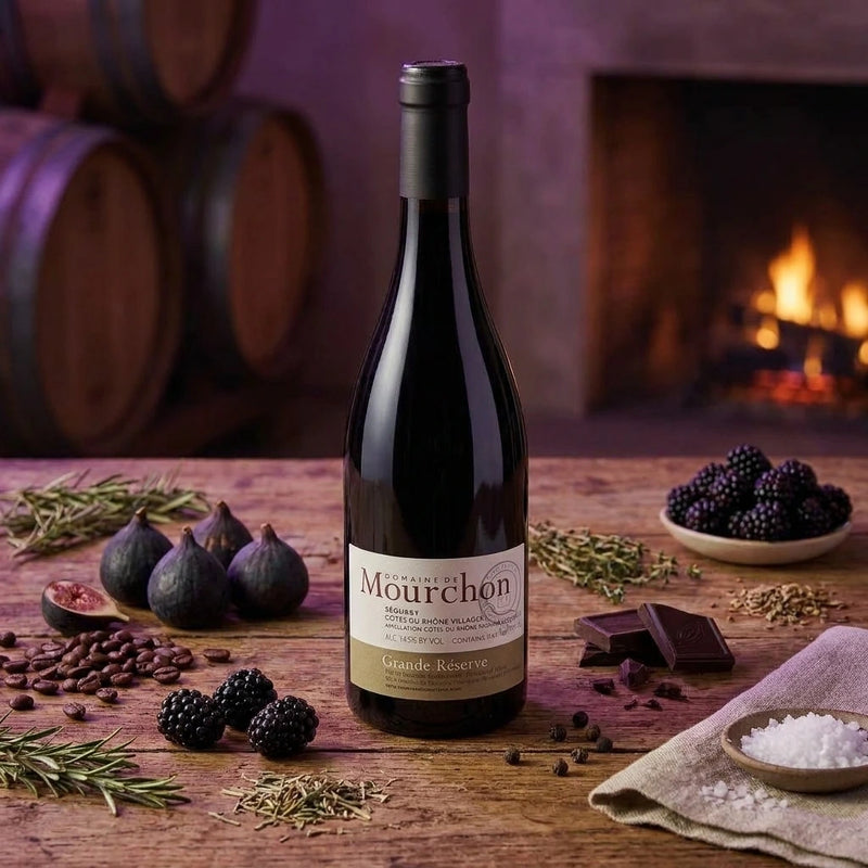 2022 Domaine de Mourchon - Cotes du Rhone Seguret Grande Reserve (750ml) | Use the tasting notes below to generate a picture of this wine bottle and communicate the tastes and scents from the tasting notes: deep purple in color with a