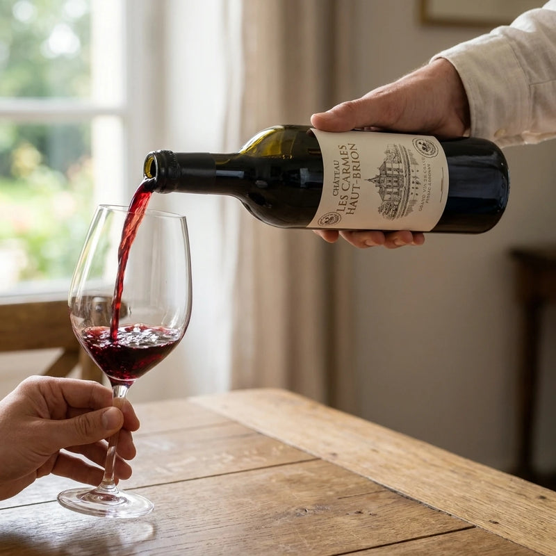 2023 Chateau Carmes Haut Brion - Pessac (750ml) | Create an ultra-photorealistic commercial photograph featuring the uploaded 2023 Chateau Carmes Haut Brion - Pessac (750ml) in the provided image as the sole pr