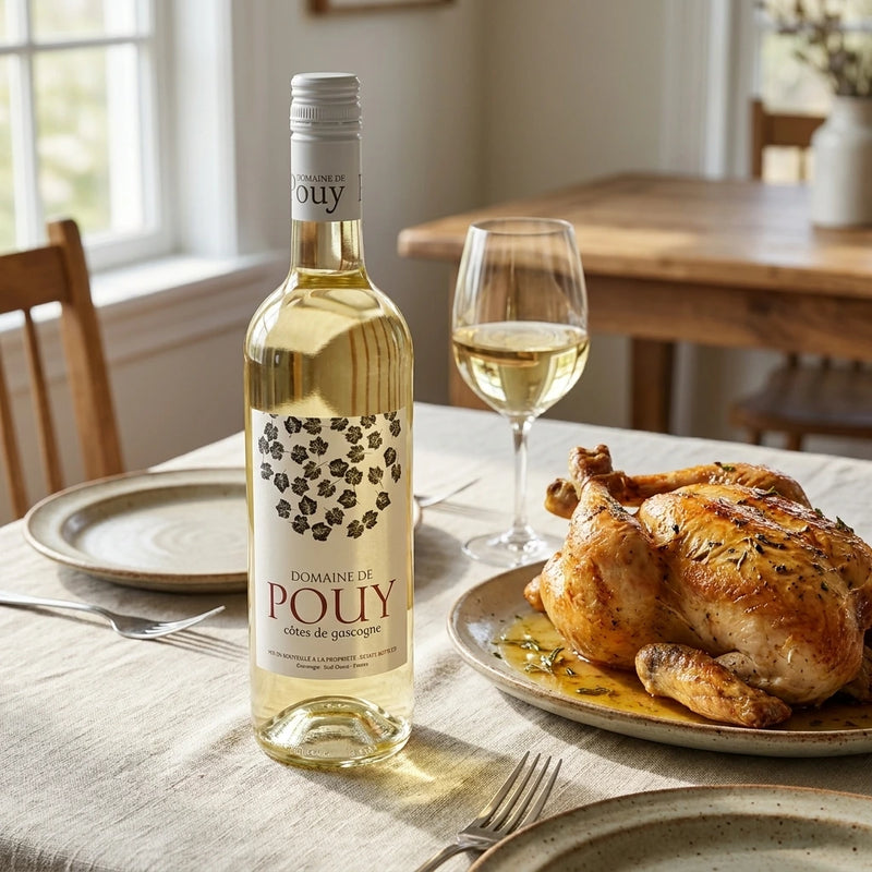 2023 Pouy - Cotes de Gascogne (750ml) | Create an ultra-photorealistic commercial photograph featuring the uploaded 2023 Pouy - Cotes de Gascogne (750ml) in the provided image as the hero product, pai