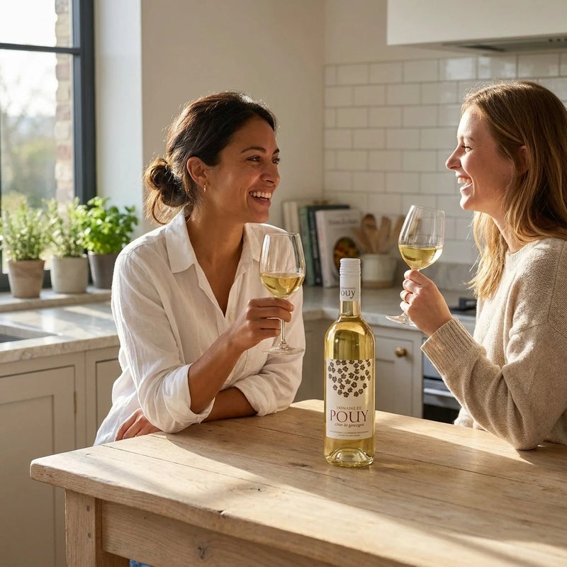 2023 Pouy - Cotes de Gascogne (750ml) | Create an ultra-photorealistic image featuring the uploaded 2023 Pouy - Cotes de Gascogne (750ml) in the provided image as the sole product reference.