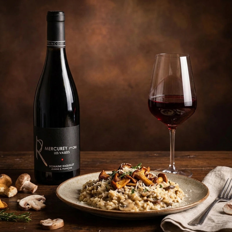 2023 Raquillet - Mercurey Vasees | This wine paired with mushroom risotto. set on a table and show the bottle sitting on the table, not pouring.