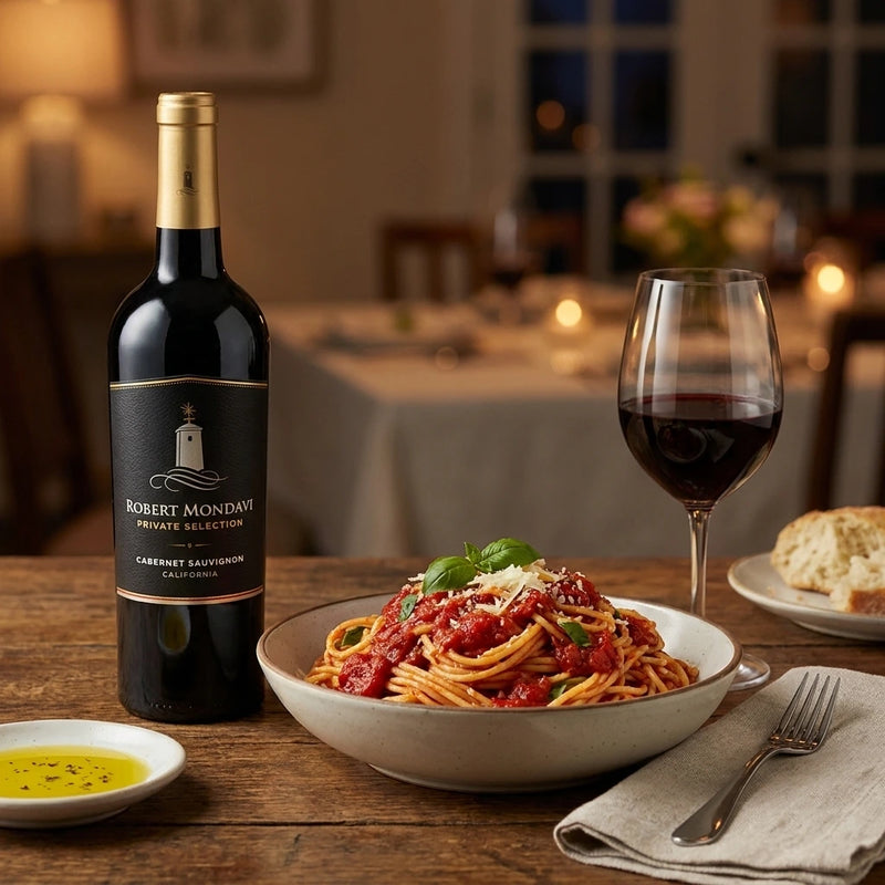 2023 Robert Mondavi - Cabernet Sauvignon Private Selection California (750ml) | This wine paired with a red sauce pasta. make the background a table setting indoors.