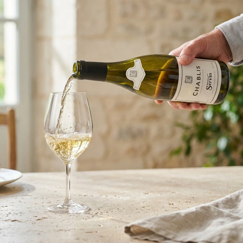 2023 Servin - Chablis (750ml) (PRE ARRIVAL) | Create an ultra-photorealistic commercial image featuring the uploaded 2023 Servin - Chablis (750ml) (PRE ARRIVAL) in the provided image as the sole product ref