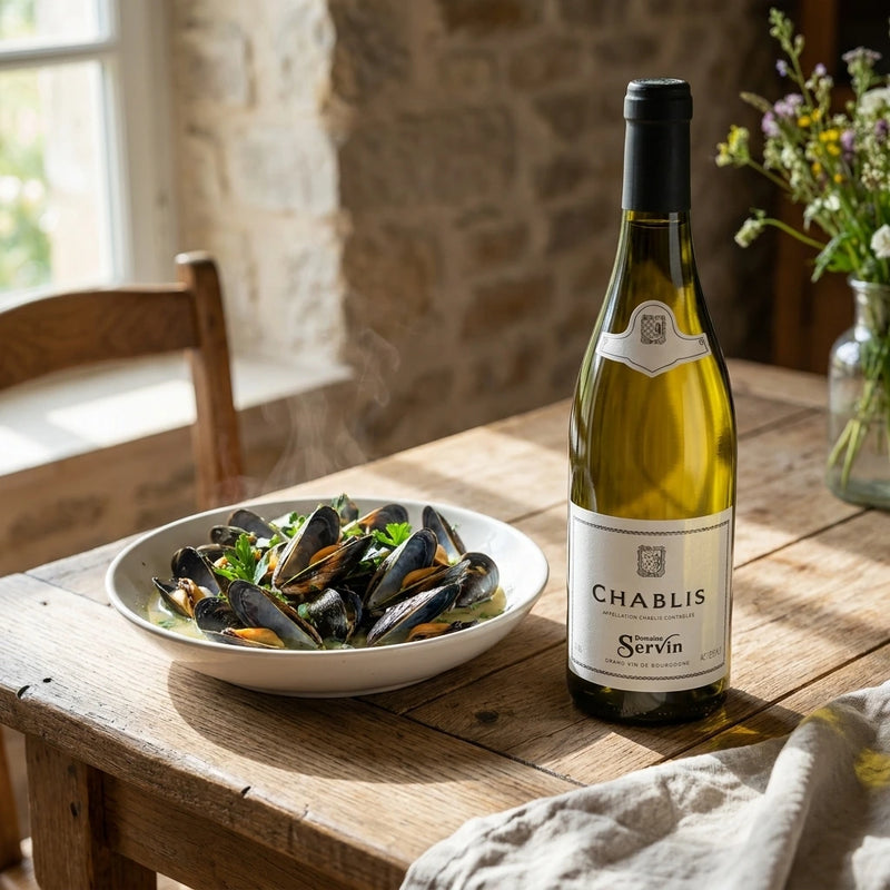 2023 Servin - Chablis (750ml) (PRE ARRIVAL) | Create an ultra-photorealistic commercial photograph featuring the uploaded 2023 Servin - Chablis (750ml) (PRE ARRIVAL) in the provided image, showcased as a pr