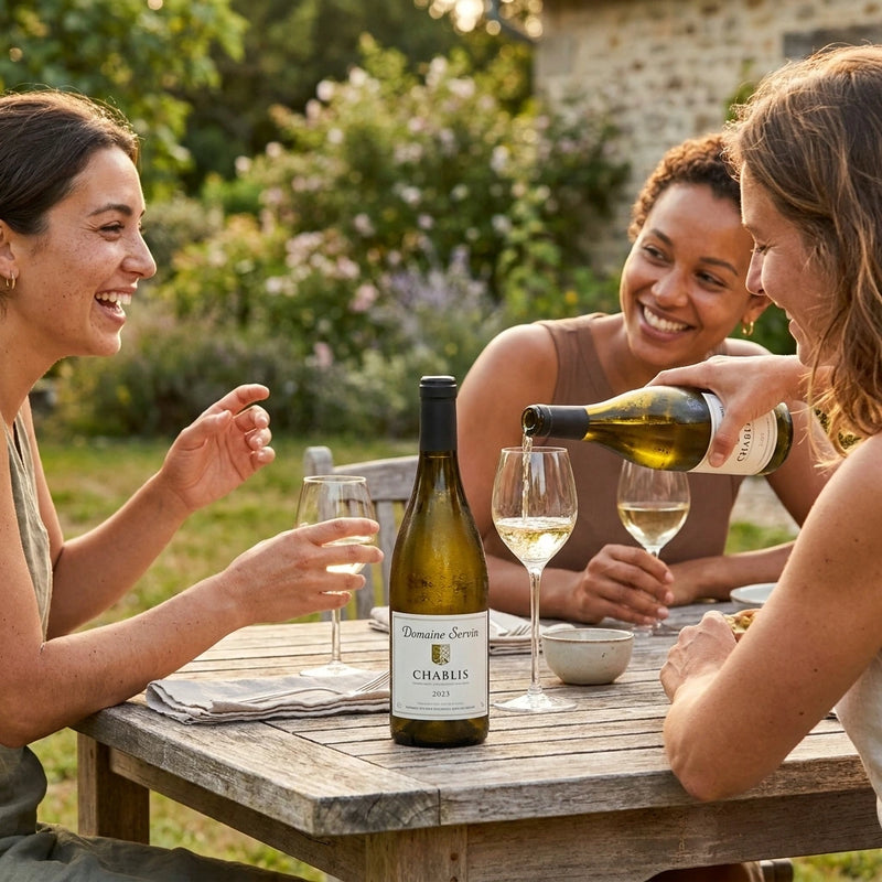 2023 Servin - Chablis (750ml) (PRE ARRIVAL) | Create an ultra-photorealistic lifestyle photograph featuring the uploaded 2023 Servin - Chablis (750ml) (PRE ARRIVAL) in the provided image as the sole product