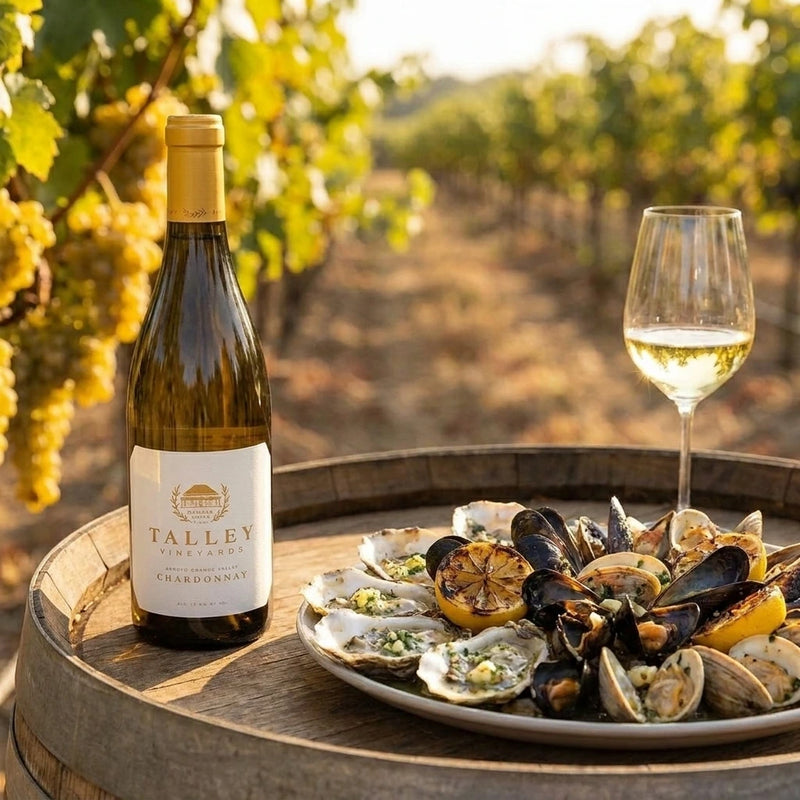 2023 Talley - Chardonnay Estate San Luis Obispo (750ml) | This wine served with roasted shellfish. Have the bottle on the table -- do not pour it in this image.