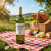 2024 Chateau Roquefort BLANC - Bordeaux (750ml) | This wine at a picnic in summertime. just show the bottle and wine glass on the picnic blanket -- do not show it being poured.