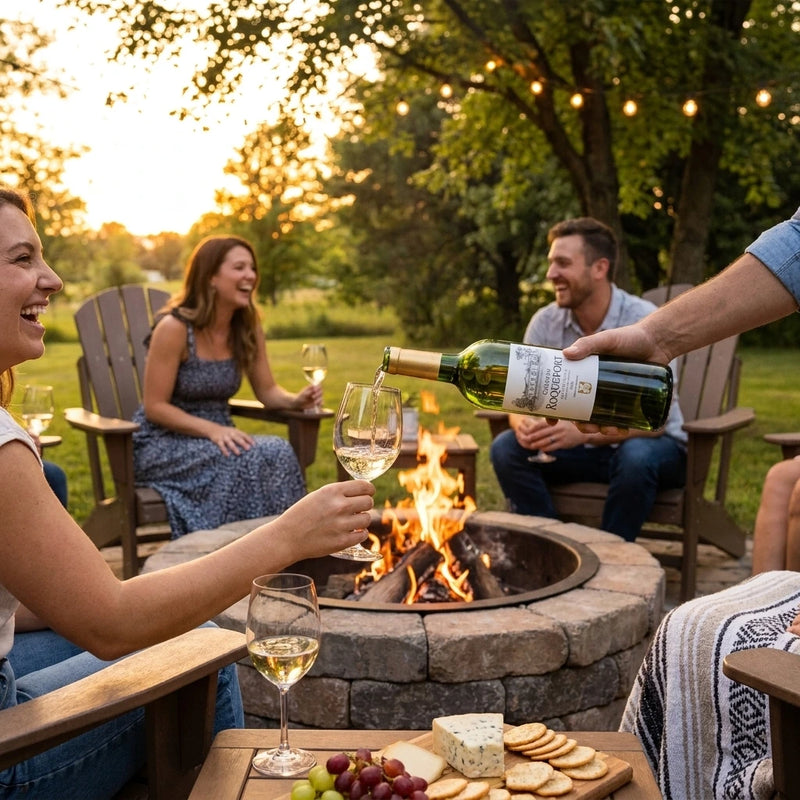 2024 Chateau Roquefort BLANC - Bordeaux (750ml) | This wine being shared amongst friends at a casual firepit summer gathering