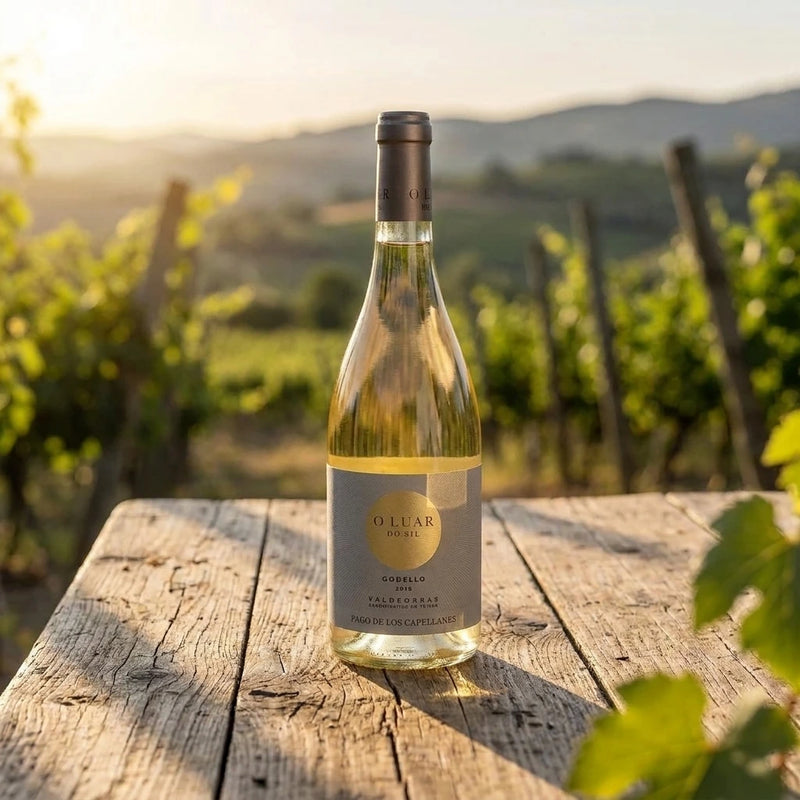 2024 Pago de los Capellanes -  O'Luar do Sil Godello (750ml) | Create an ultra-photorealistic commercial image featuring the uploaded 2024 Pago de los Capellanes - O'Luar do Sil Godello (750ml) as the exclusive product, ren