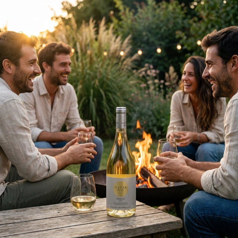 2024 Pago de los Capellanes -  O'Luar do Sil Godello (750ml) | Create an ultra-photorealistic scene featuring the uploaded 2024 Pago de los Capellanes - O'Luar do Sil Godello (750ml) in the provided image as the only source