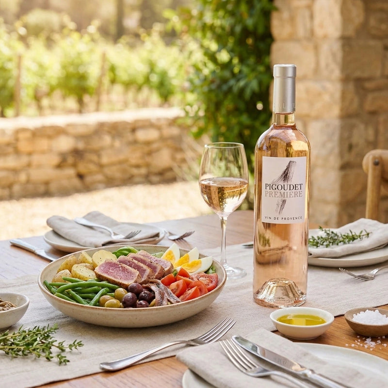 2025 Chateau Pigoudet - Coteaux d'Aix en Provence Rose Premiere (750ml) | This wine with a Niçoise salad at a dressed up table outside in summer.