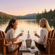 2025 Chateau Pigoudet - Coteaux d'Aix en Provence Rose Premiere (750ml) | This wine being enjoyed by two female friends in adirondack chairs overlooking a lake on a summer evening.