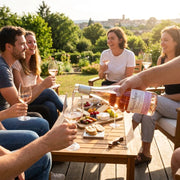 2025 Domaine de Mourchon - Cotes du Rhone Seguret Loubie ROSE (750ml) | Show this wine being poured and enjoyed by friends on a deck in summer time relaxing.