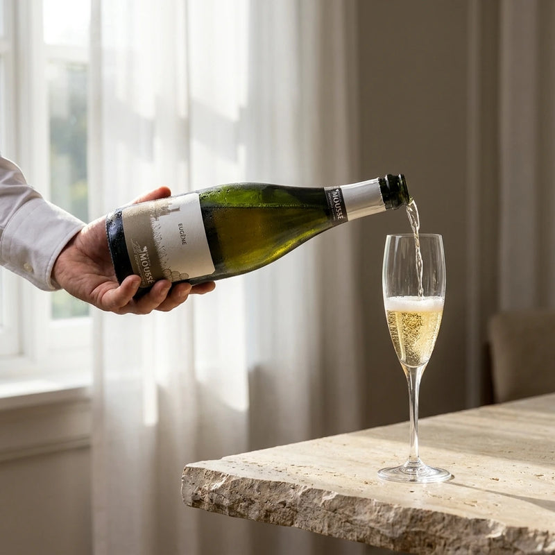 NV Mousse  - Champagne Extra-Brut Blanc de Noirs Eugene | Create an ultra-photorealistic commercial photograph featuring the uploaded NV Mousse - Champagne Extra-Brut Blanc de Noirs Eugene as the sole product, depicted