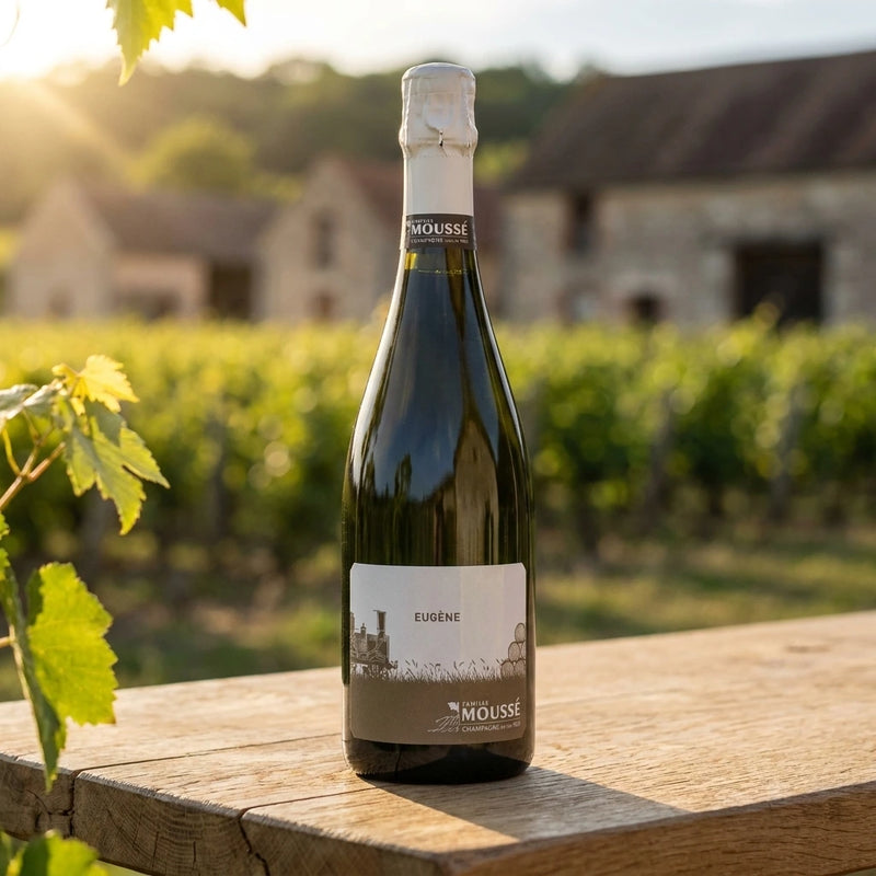 NV Mousse  - Champagne Extra-Brut Blanc de Noirs Eugene | Produce an ultra-photorealistic commercial image featuring the uploaded NV Mousse - Champagne Extra-Brut Blanc de Noirs Eugene bottle as the sole subject, using