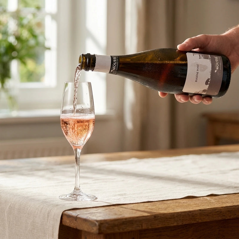 NV Mousse  - Champagne Extra-Brut Rose Eugene (750ml) [PRE ARRIVAL] | Create an ultra-photorealistic commercial photograph depicting the uploaded NV Mousse - Champagne Extra-Brut Rosé Eugene (750ml) [PRE ARRIVAL] in the provided i