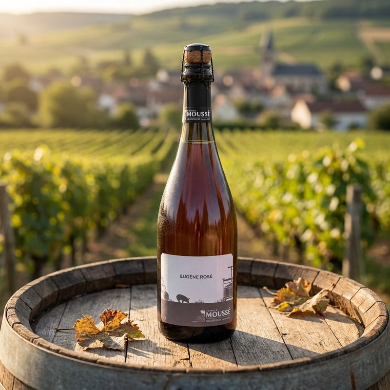 NV Mousse  - Champagne Extra-Brut Rose Eugene (750ml) [PRE ARRIVAL] | Create an ultra-photorealistic commercial photograph featuring the uploaded NV Mousse - Champagne Extra-Brut Rose Eugene (750ml) [PRE ARRIVAL] as the exclusive