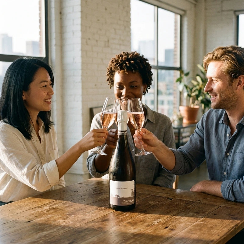 NV Mousse  - Champagne Extra-Brut Rose Eugene (750ml) [PRE ARRIVAL] | Create an ultra-photorealistic commercial photograph featuring the uploaded NV Mousse - Champagne Extra-Brut Rose Eugene (750ml) [PRE ARRIVAL] in the provided i