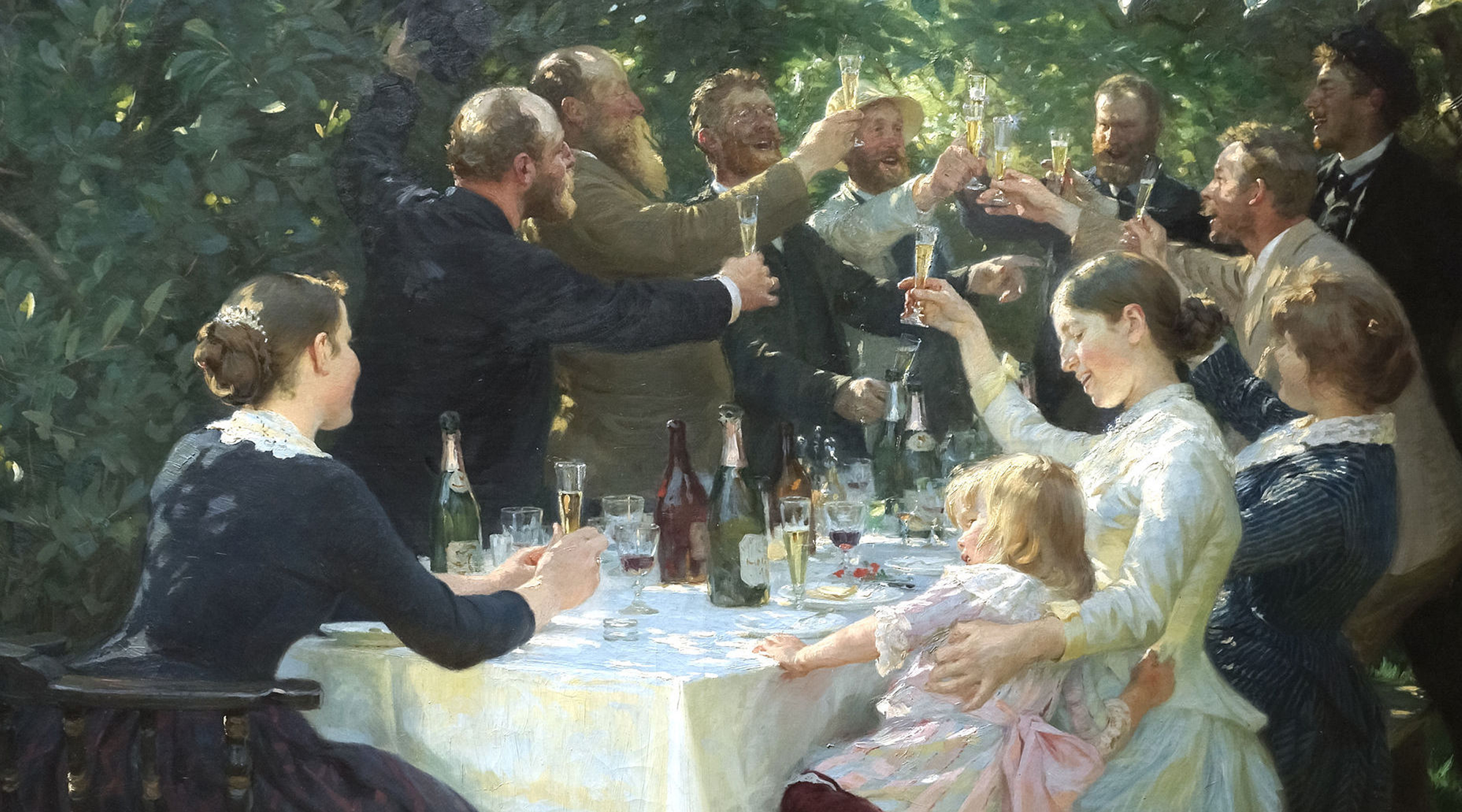 Painting of a group of people toasting at a outdoor dinner party.